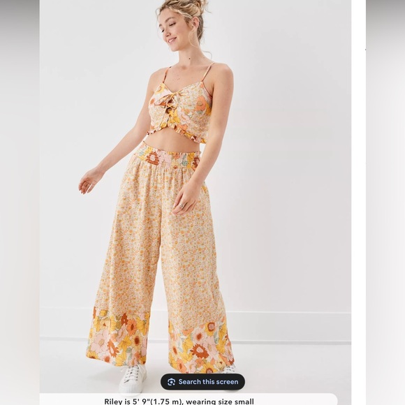 American Eagle Outfitters Pants - American Eagle High-Waist Wide Leg Floral Pants - Yellow cotton linen large